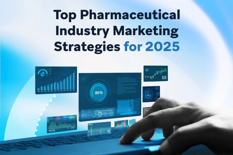 A laptop user viewing floating digital dashboards, graphs, and analytics related to pharmaceutical marketing performance.