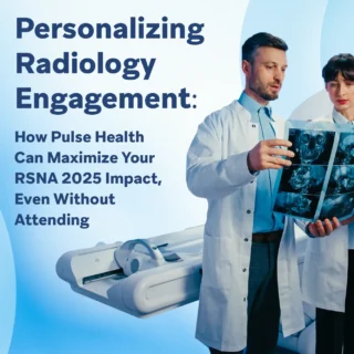 Two radiologists reviewing skull imaging scans beside an MRI machine with headline text about RSNA 2025 strategy.
