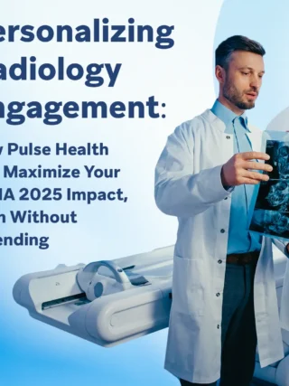 Two radiologists reviewing skull imaging scans beside an MRI machine with headline text about RSNA 2025 strategy.
