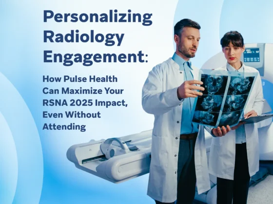 Two radiologists reviewing skull imaging scans beside an MRI machine with headline text about RSNA 2025 strategy.