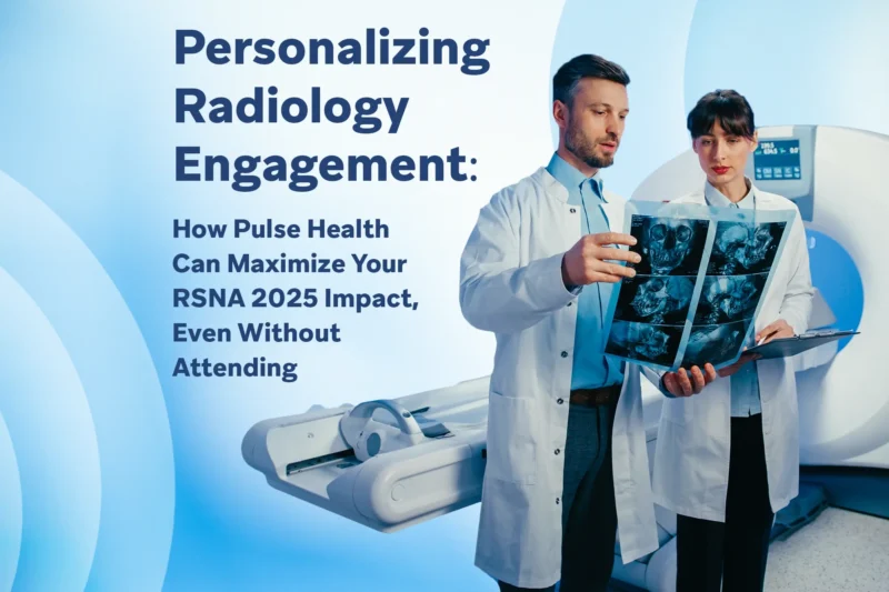 Two radiologists reviewing skull imaging scans beside an MRI machine with headline text about RSNA 2025 strategy.
