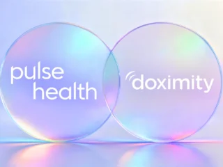 Overlapping iridescent circles featuring the Pulse Health and Doximity logos, symbolizing partnership and integration.