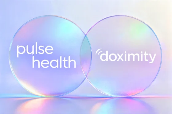 Overlapping iridescent circles featuring the Pulse Health and Doximity logos, symbolizing partnership and integration.