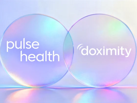 Overlapping iridescent circles featuring the Pulse Health and Doximity logos, symbolizing partnership and integration.