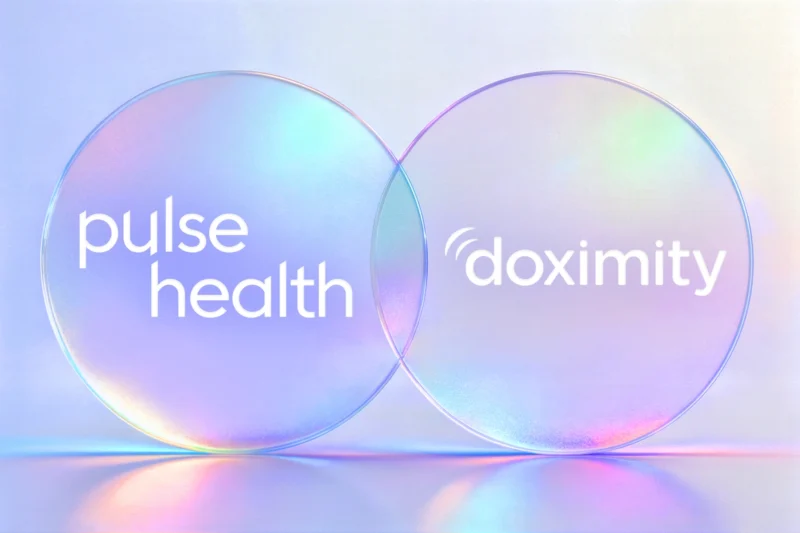 Overlapping iridescent circles featuring the Pulse Health and Doximity logos, symbolizing partnership and integration.