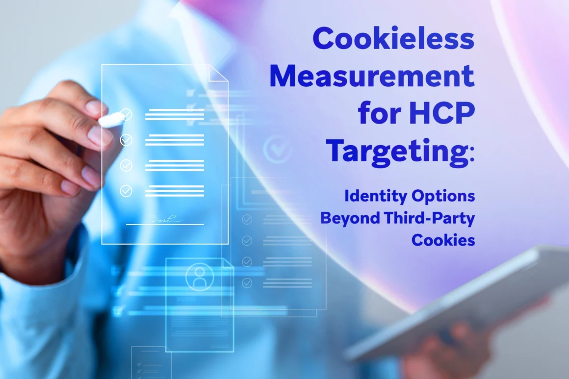Cookieless measurement for HCP targeting — identity options beyond third-party cookies, with digital checklist and tablet.