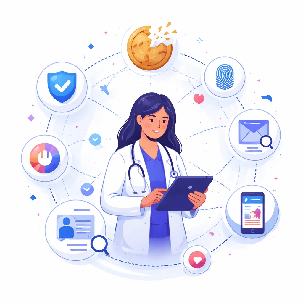 A doctor uses a tablet while floating icons and a broken cookie illustrate cookieless HCP measurement.