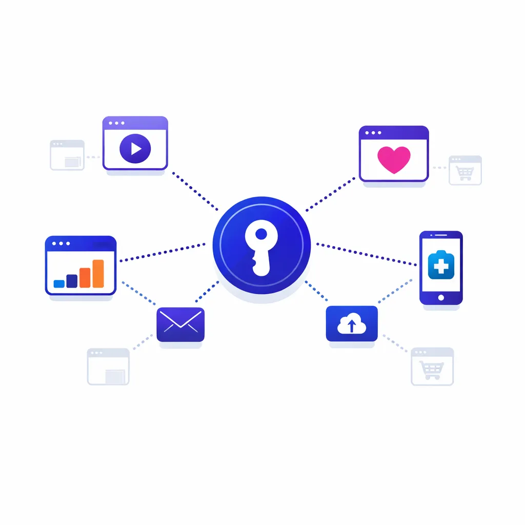 A central key connects to various website and app icons via dotted lines, with some nodes faint to show adoption gaps.