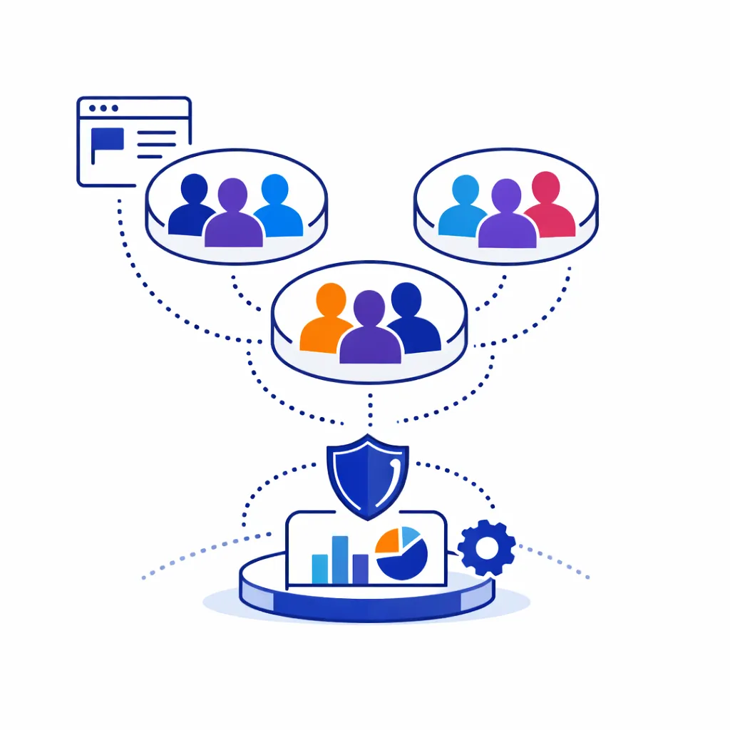 Clusters of user silhouettes flow from a publisher to a secure analytics hub via dotted lines.
