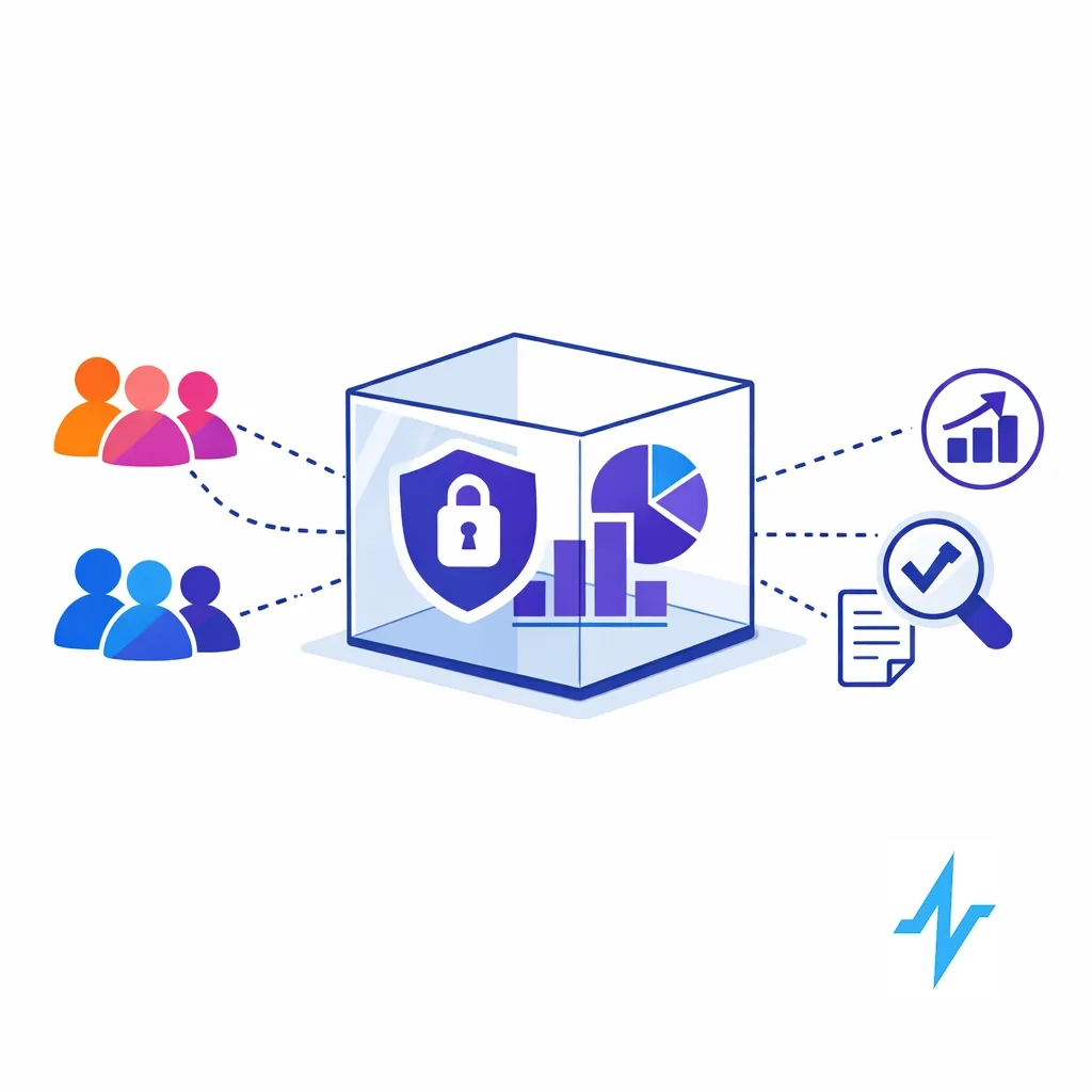 Groups feed anonymized data into a transparent secure cube with charts, which outputs aggregated reports.