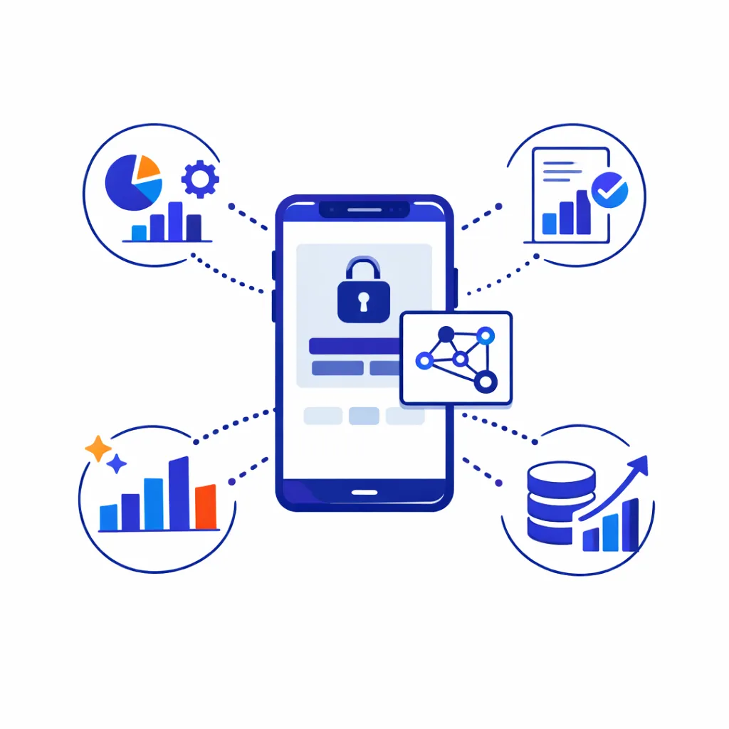 A smartphone with a lock sends dotted connections to aggregated graphs, databases and reports.
