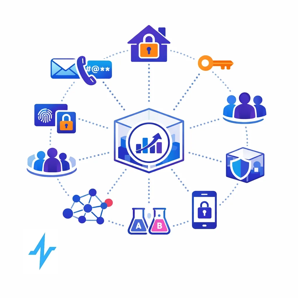 Icons for first‑party IDs, hashed tokens, universal IDs, cohorts, identity graphs, clean rooms, mobile and tests surround a hub.