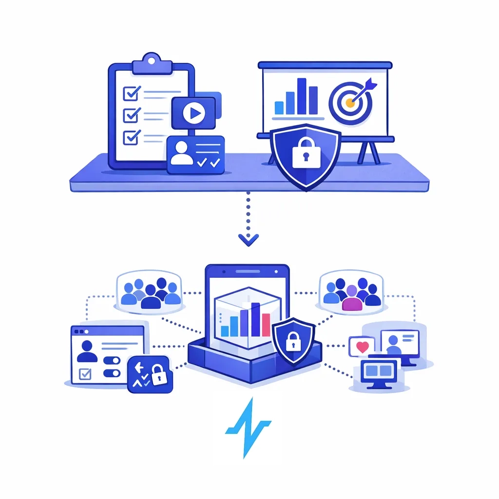 A clipboard and analytics board link to a consent platform on a phone with dotted arrows.