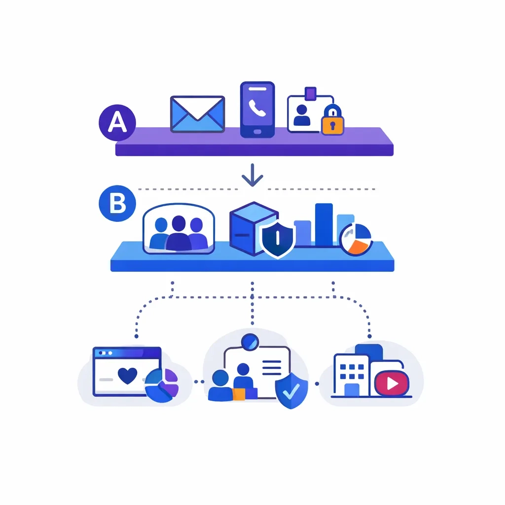 Deterministic and aggregated layers feed channels like websites and cohorts through dotted lines.
