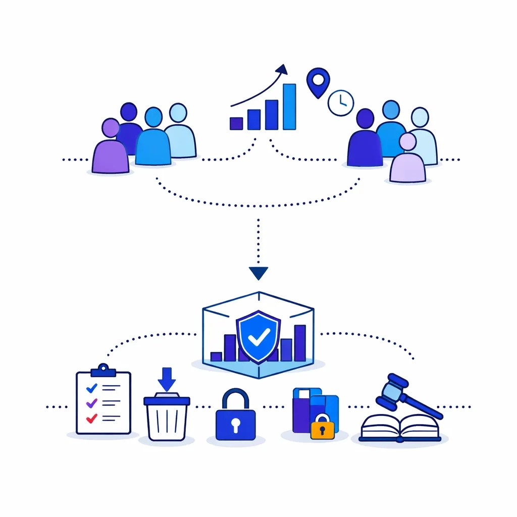 Holdout groups feed into secure analytics followed by icons for checklists, deletion, locks and compliance.