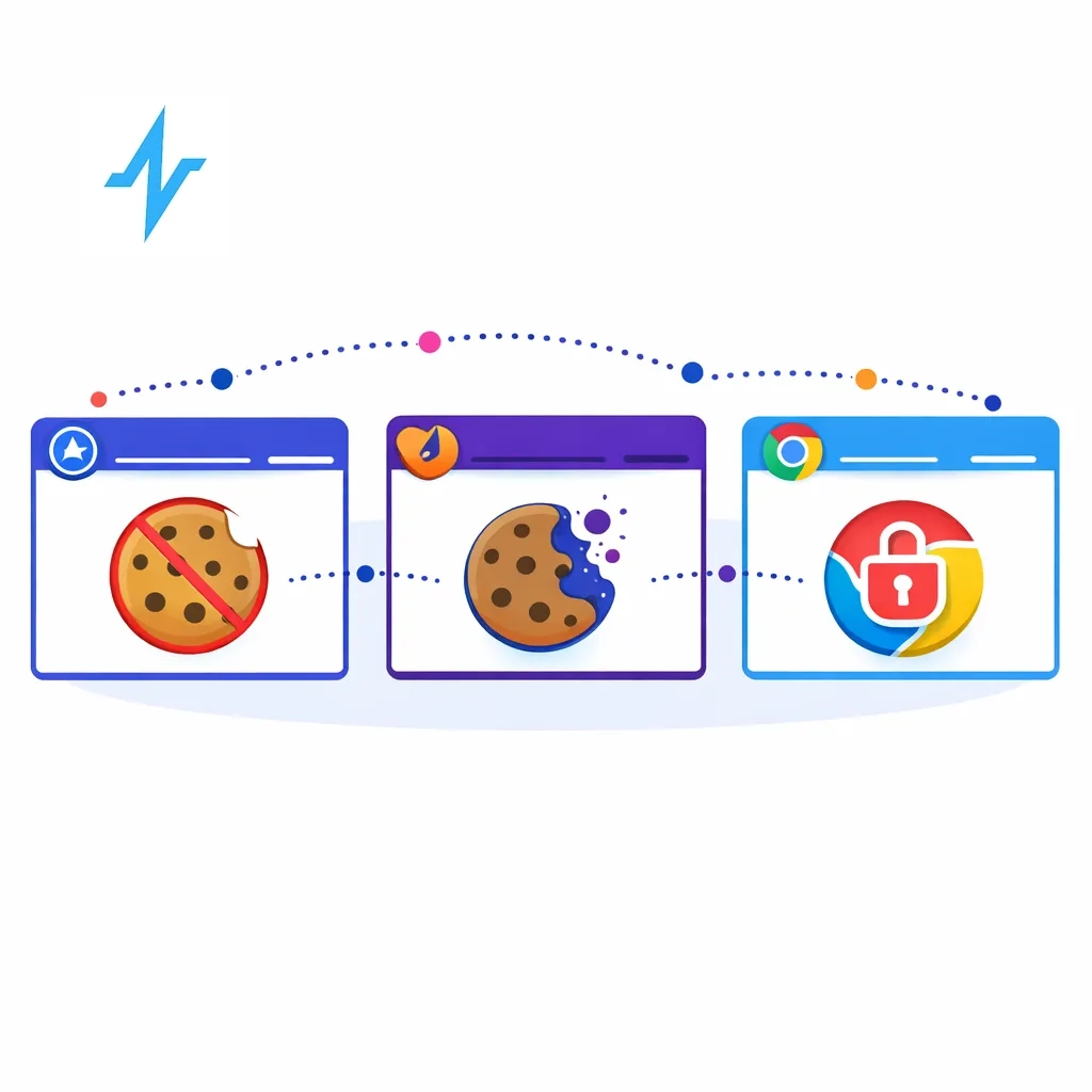 Three browser windows show cookies crossed out or fading, connected by dotted lines to represent restricted tracking.