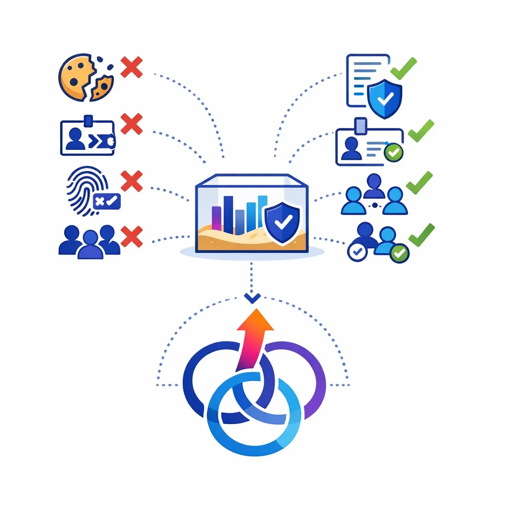 Crossed‑out cookie, ID, fingerprint icons contrast with checklist items, culminating in interlocking circles and upward arrow.