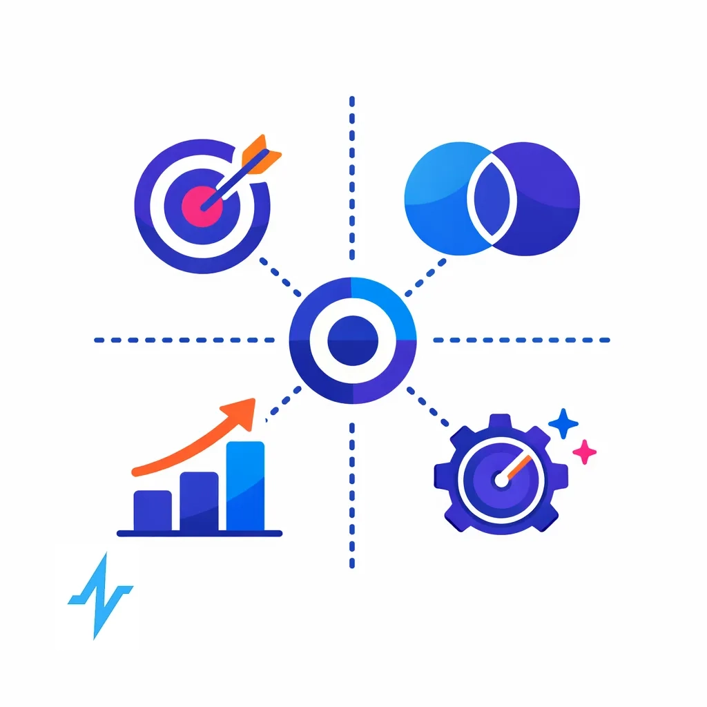 Target, overlapping circles, bar chart and gear icons radiate from a central node to depict measurement tasks.