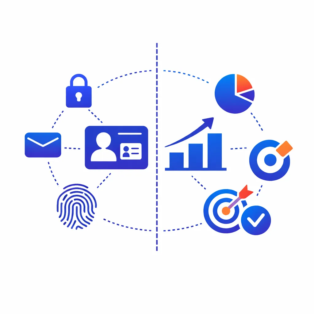 Split image contrasts identity icons like ID cards and fingerprints with measurement icons like charts and targets.