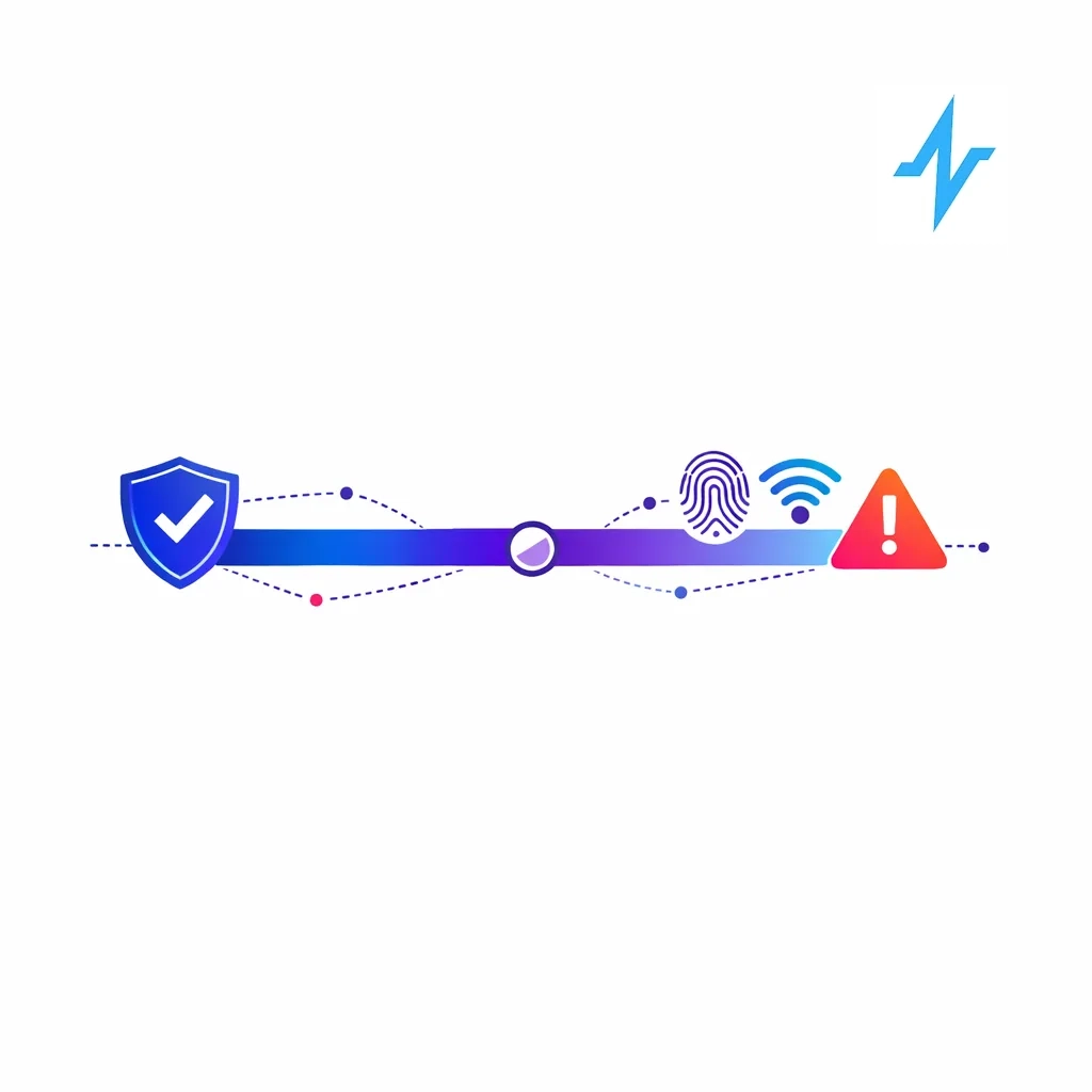 A gradient bar runs from a secure shield to fingerprint and caution icons, linked by dotted lines.