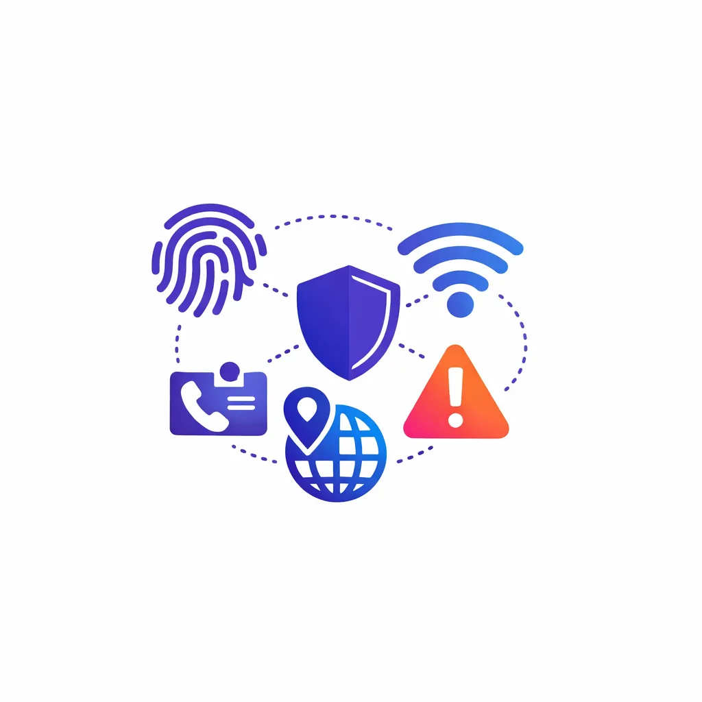 Fingerprint and Wi‑Fi icons cluster around a shield and warning sign, connected by dotted lines.