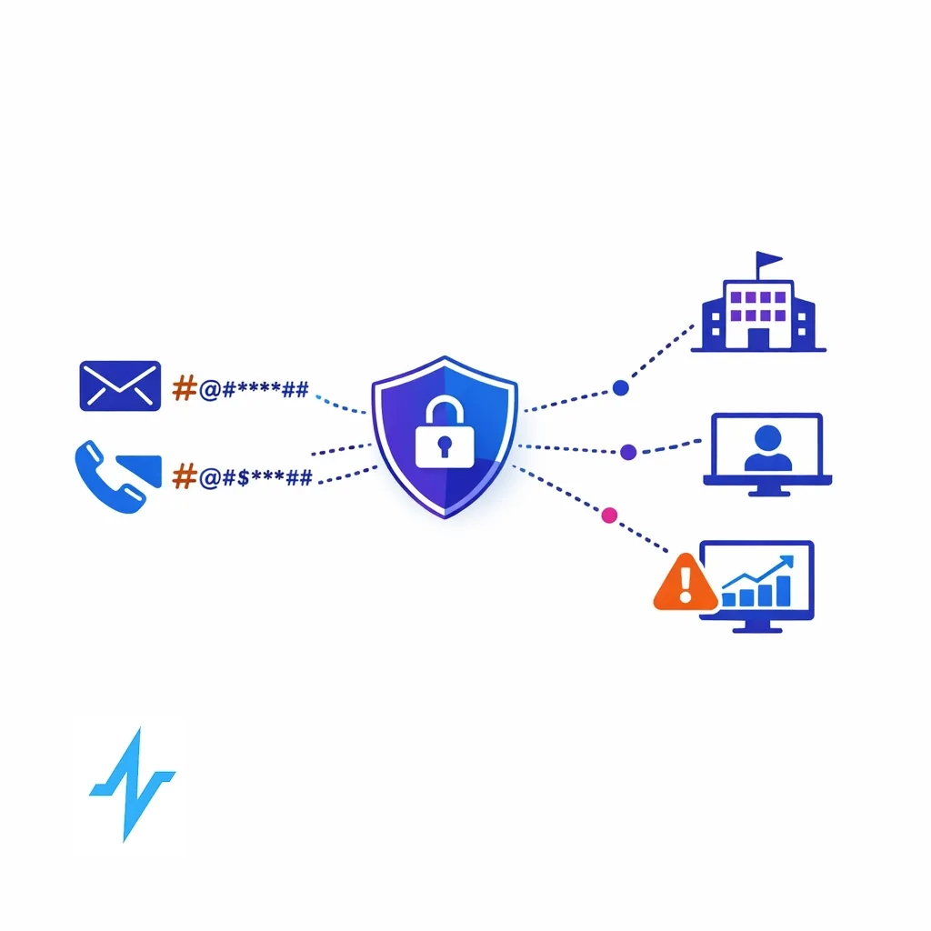 Email and phone icons turn into hashed strings and link through a shield to partner sites.