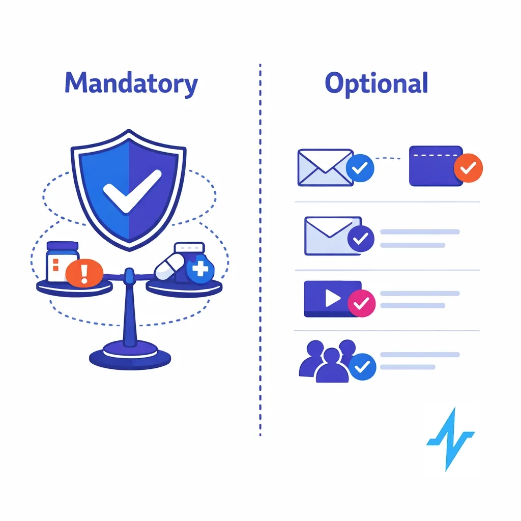 Split visual distinguishing mandatory safety communications from optional promotional, educational and operational messages.