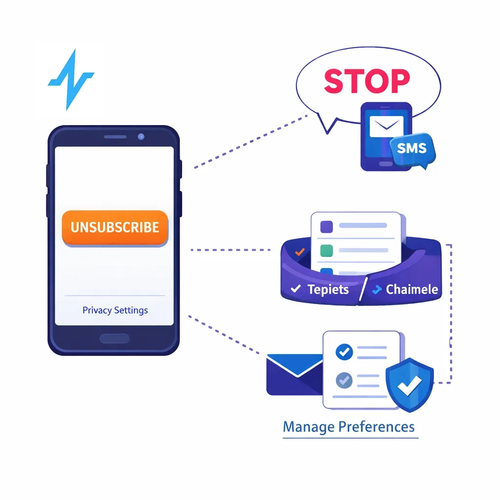 Illustration showing a one‑tap unsubscribe button on a phone and an SMS STOP message for easy withdrawal from communications.