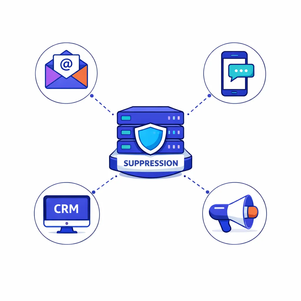 Diagram of a suppression server distributing opt‑out updates to email, SMS, CRM and marketing systems.