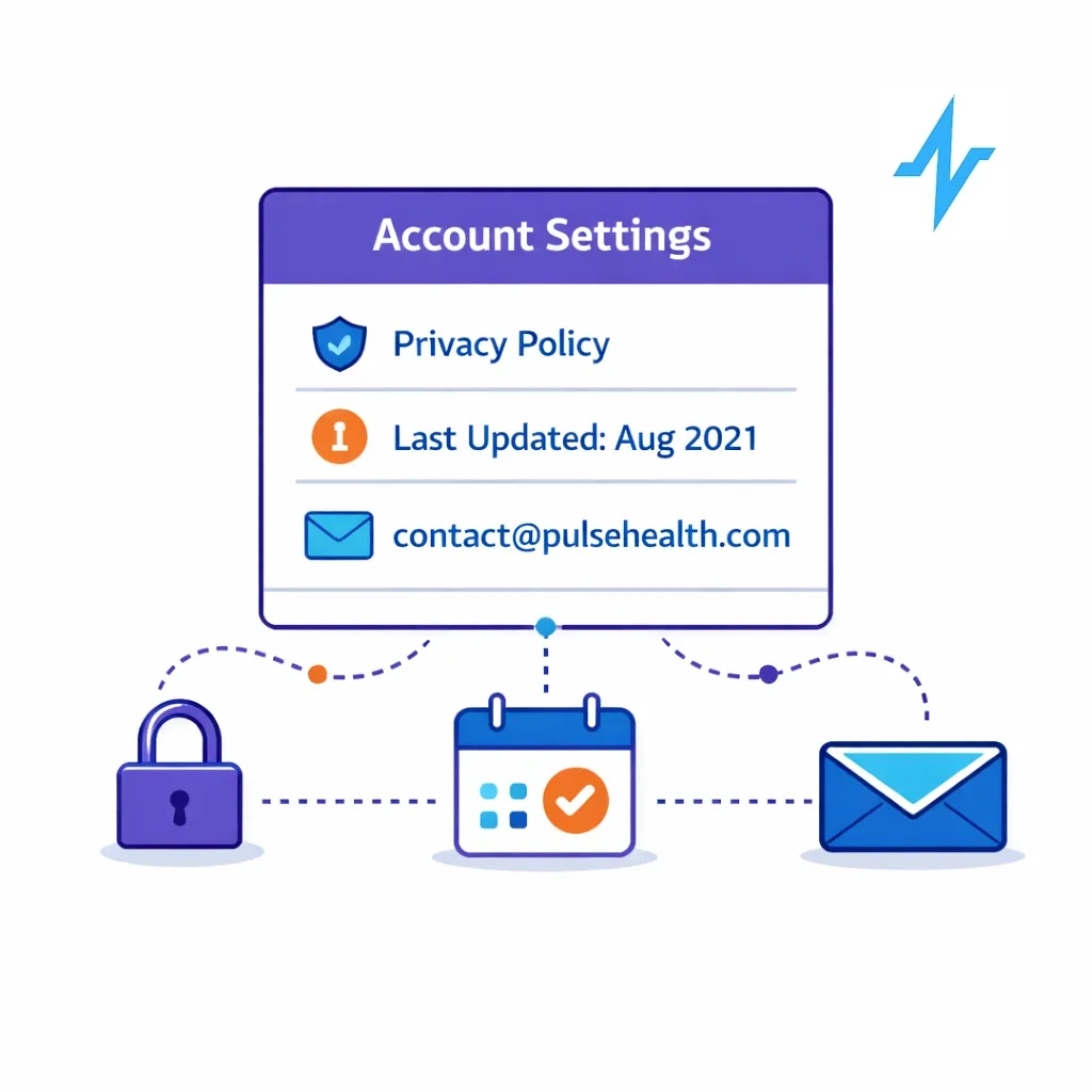 UI card showing a privacy policy link, last updated date and contact email with lock and trust icons.