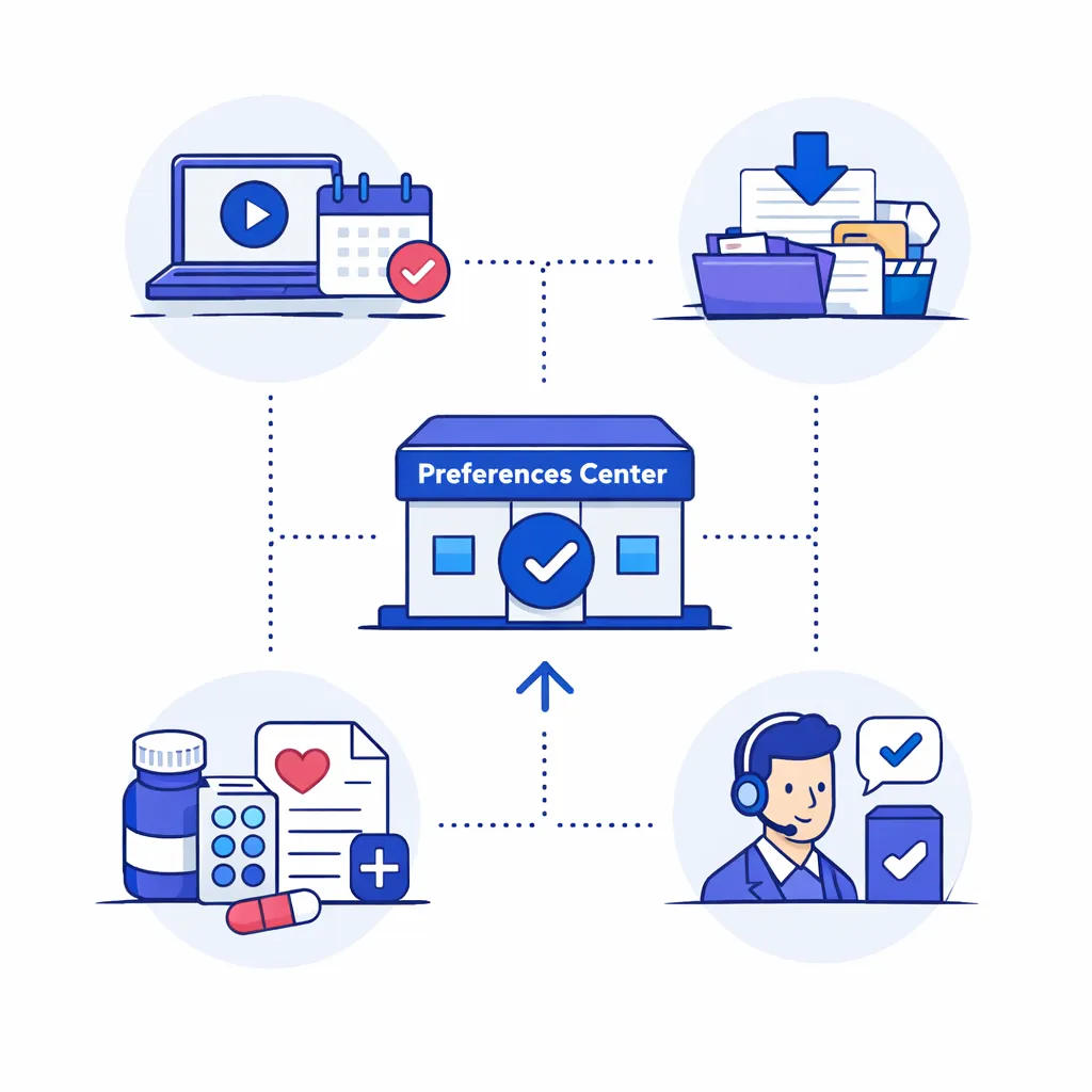 Icons for webinar registration, content downloads, sample requests and rep follow‑ups feeding into the preference center.