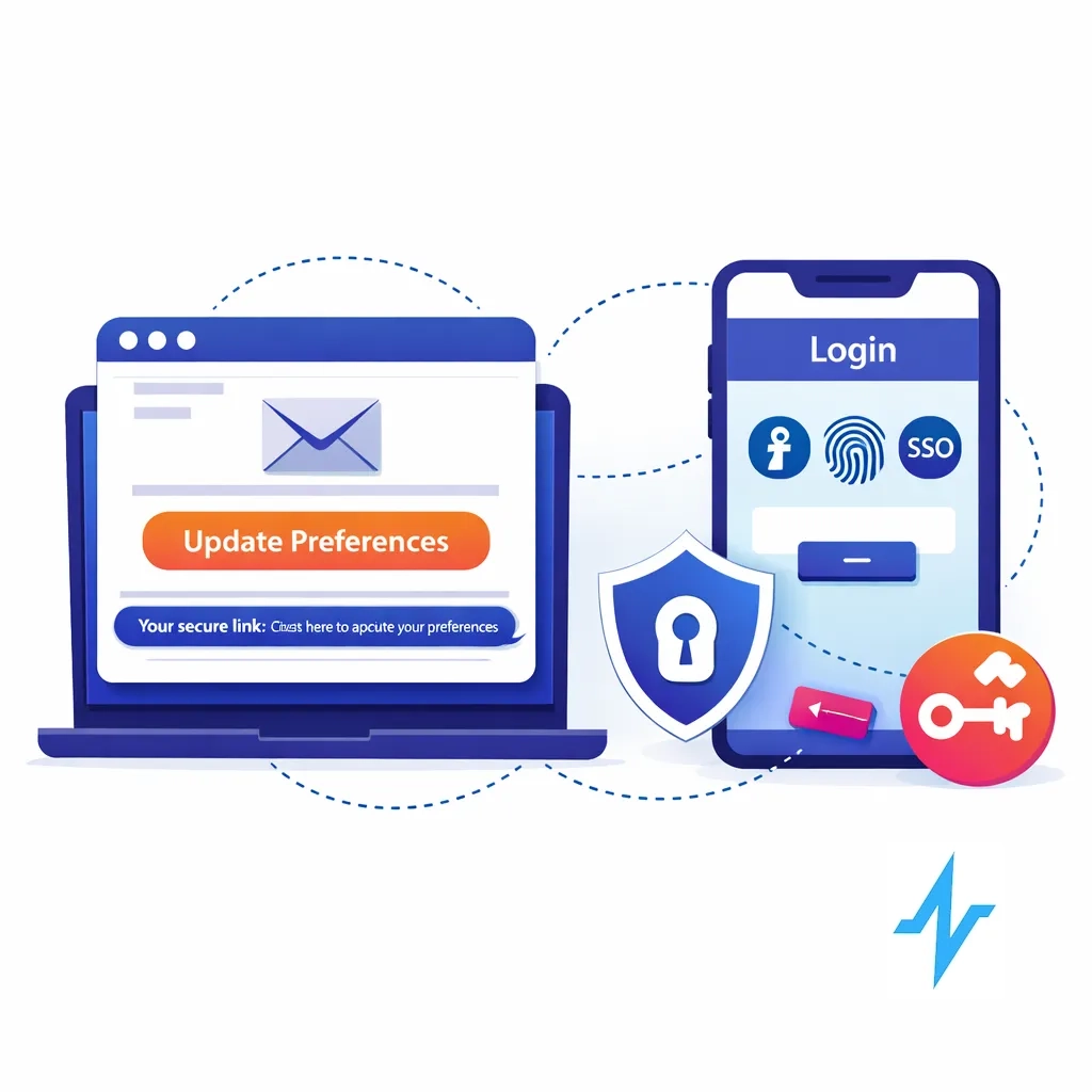 Illustration of an email with a magic link and a mobile login screen with SSO options simplifying preference updates.