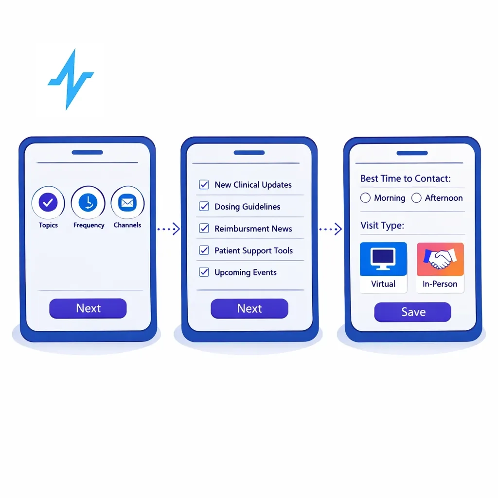 Three sequential screens showing main dials, deeper topic selections and rep preference settings representing progressive disclosure.