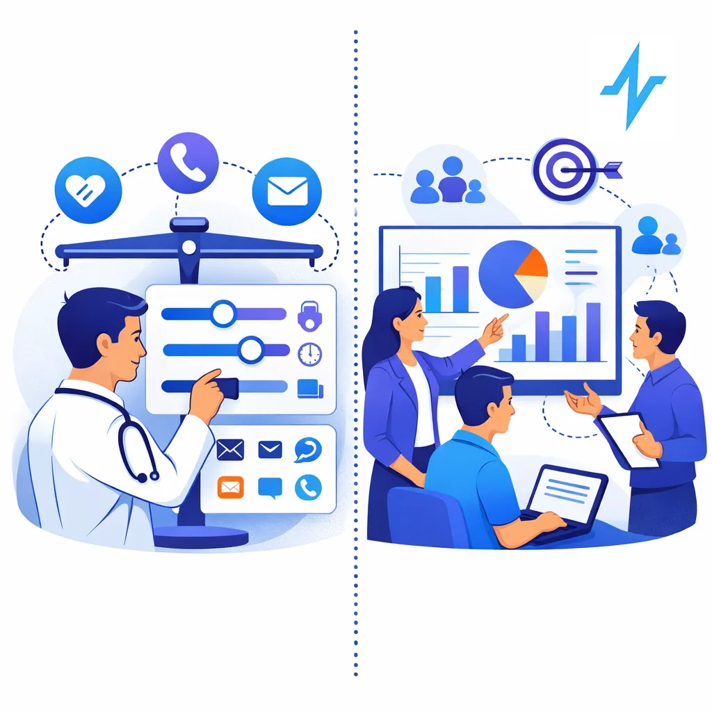 Split‑screen image with a clinician adjusting preference dials on one side and a marketing team analyzing segmentation on the other.