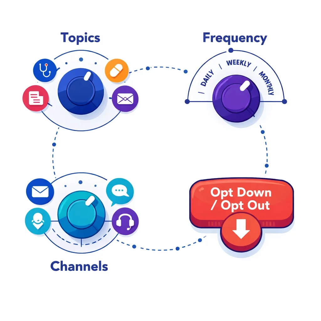 Diagram with three dials for topics, frequency and channels alongside an opt‑down or opt‑out button representing core preference elements.