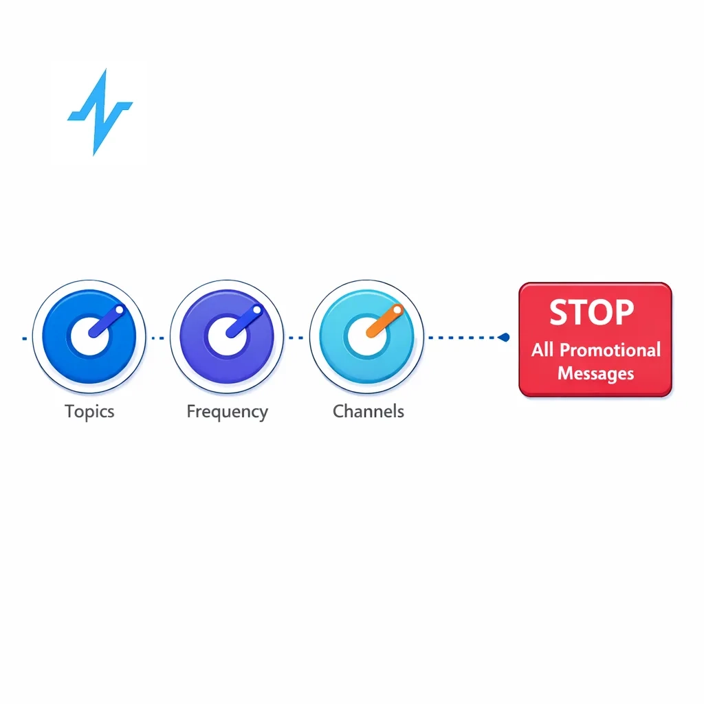 Graphic of three dials labeled topics, frequency and channels connected to a stop all promotional messages button.
