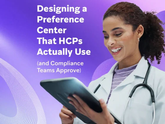 Smiling healthcare professional in a white coat using a tablet on a purple background with text: “Designing a Preference Center That HCPs Actually Use (and Compliance Teams Approve)”.