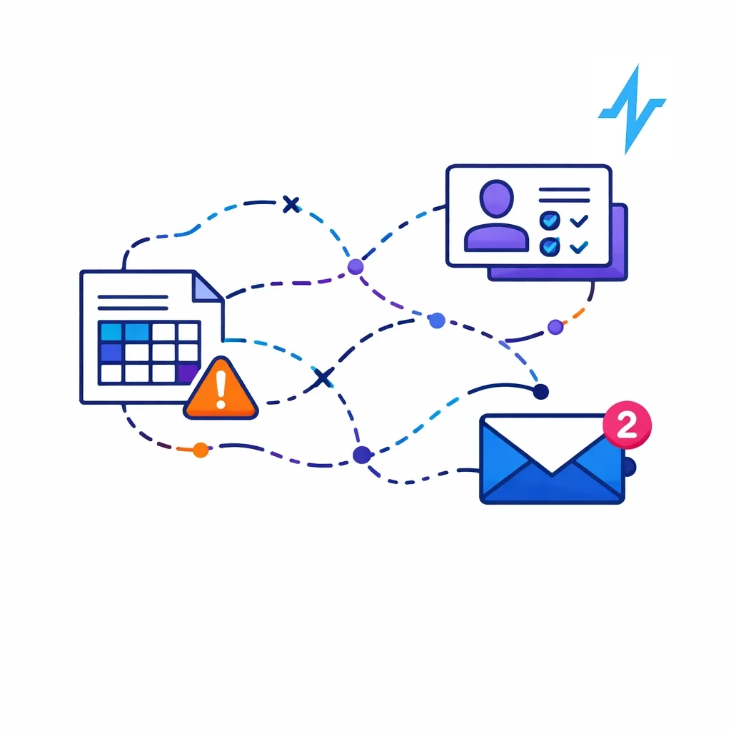 Illustration of spreadsheets, CRM and email icons disconnected by chaotic dotted lines to depict fragmented healthcare data systems.