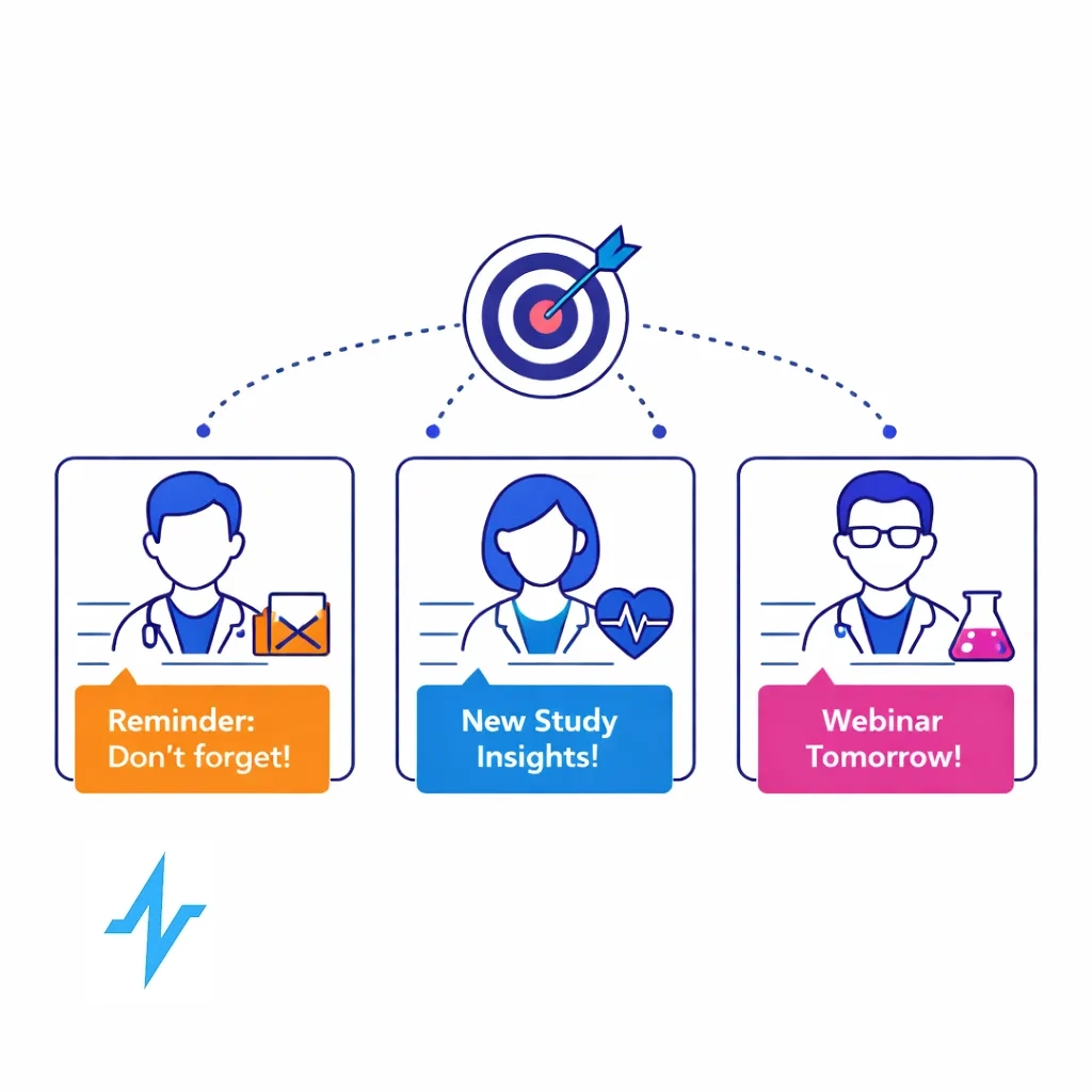 Three physician profile cards each display customized messages and connect to a central target icon via dotted lines.