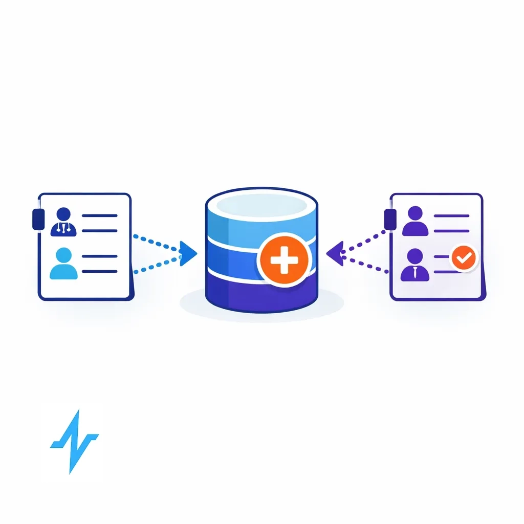 Two contact list icons merge into a central database cylinder with dotted arrows, representing unified physician and patient records.