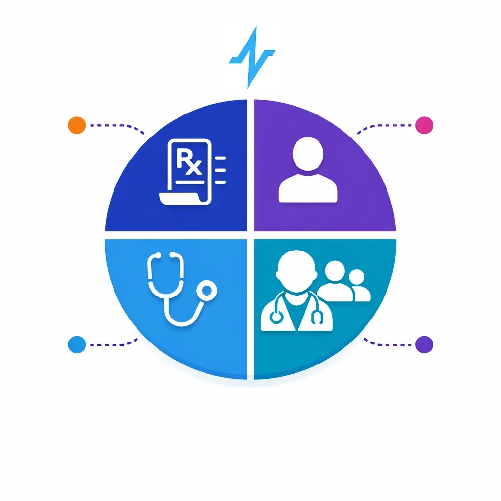 A divided circle highlights prescribers, non prescribers, specialists and general practitioners with dotted lines extending outward.