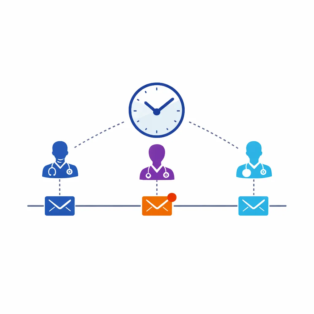 Physician silhouettes receive messages along a timeline with a clock icon, illustrating targeted emails delivered when doctors engage.