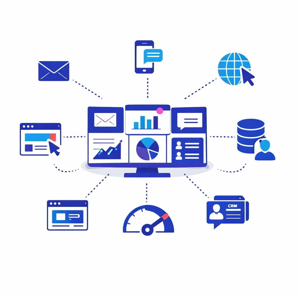 Isometric dashboard gathers email, SMS, banner impressions, website visits and CRM data into one interface with dotted connectors.