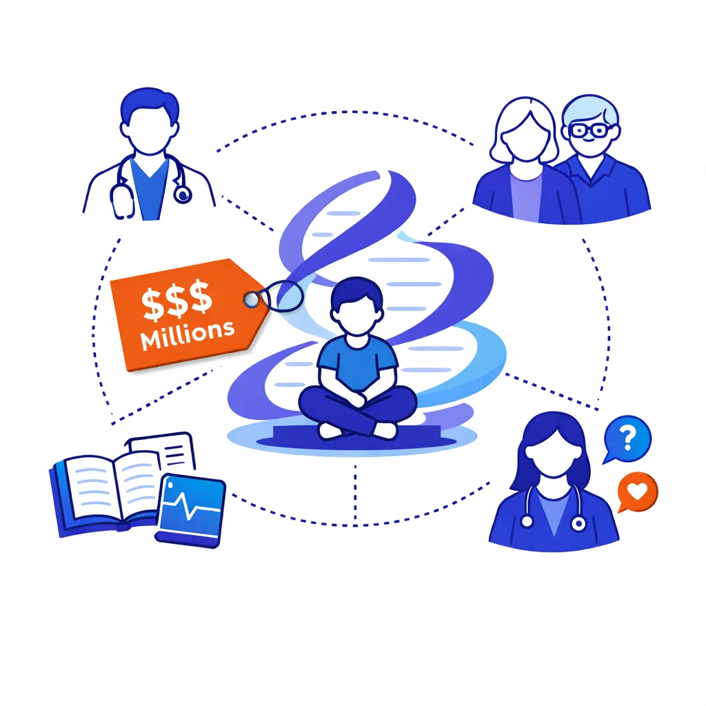 A small patient group connected by dotted lines to a doctor, patient and caregiver around a high‑cost therapy price tag.