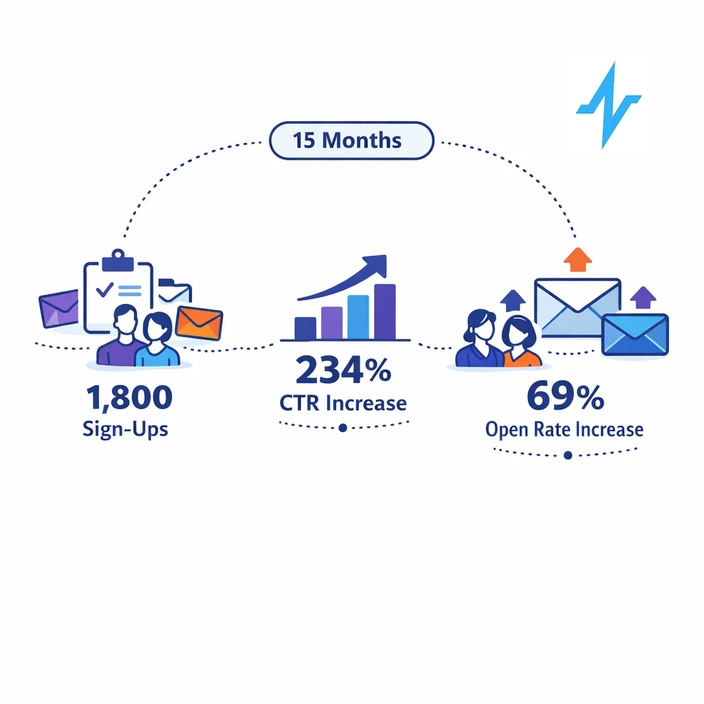 Infographic summarizing fifteen‑month results with 1,800 sign‑ups, a 234% click‑through increase and a 69% open rate boost.