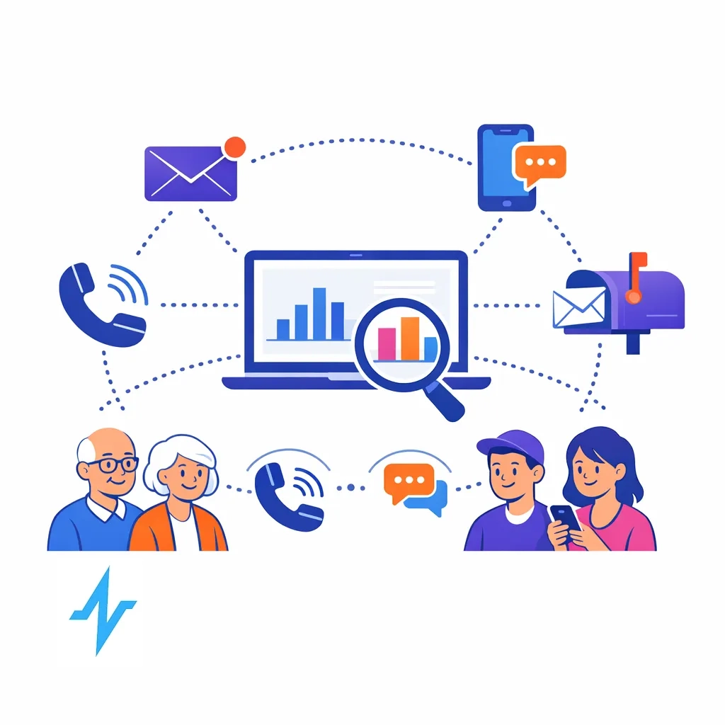 Central hub connects email, phone, SMS and mail channels with analytics and demographics for older caregivers and younger patients.