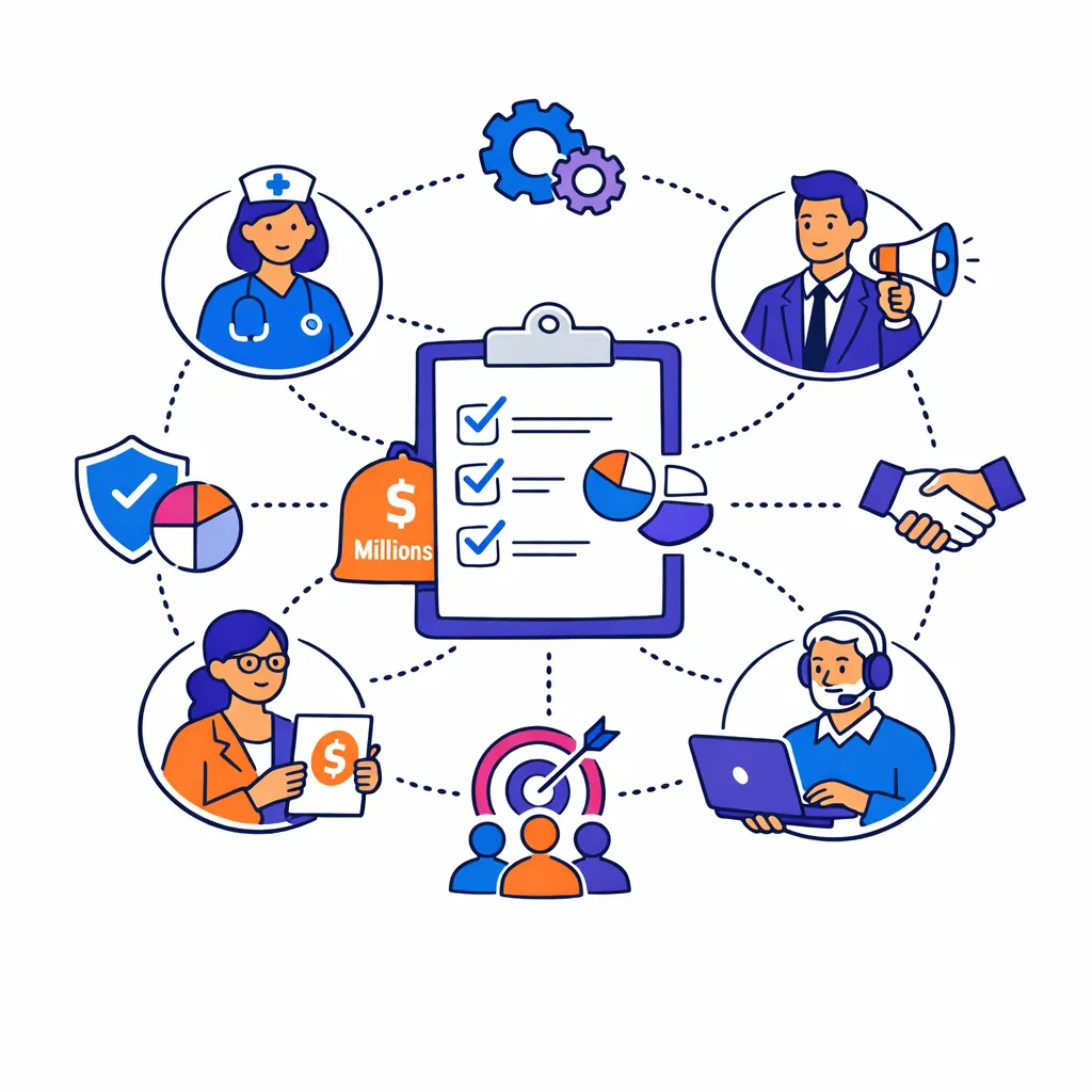 Central checklist surrounded by icons for consent, segmentation, analytics and cross‑functional collaboration among healthcare roles.