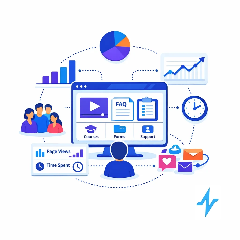 A unified platform displays educational resources and tracks page views, time spent and user interactions through charts.