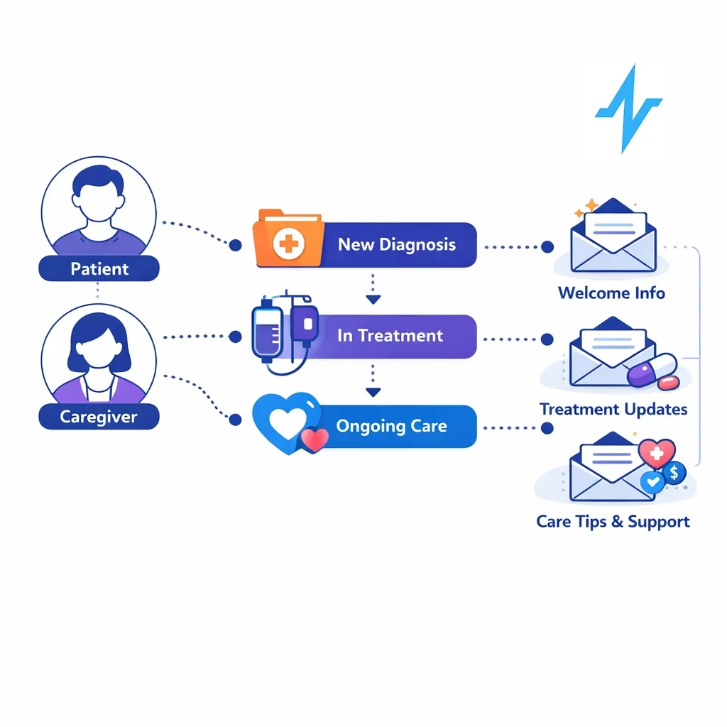 Flowchart showing tailored email journeys for patients and caregivers across diagnosis, treatment and ongoing care stages.