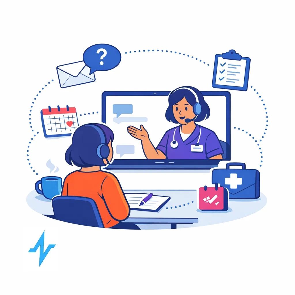 A caregiver participates in a video webinar with a nurse educator surrounded by schedule and logistics icons.